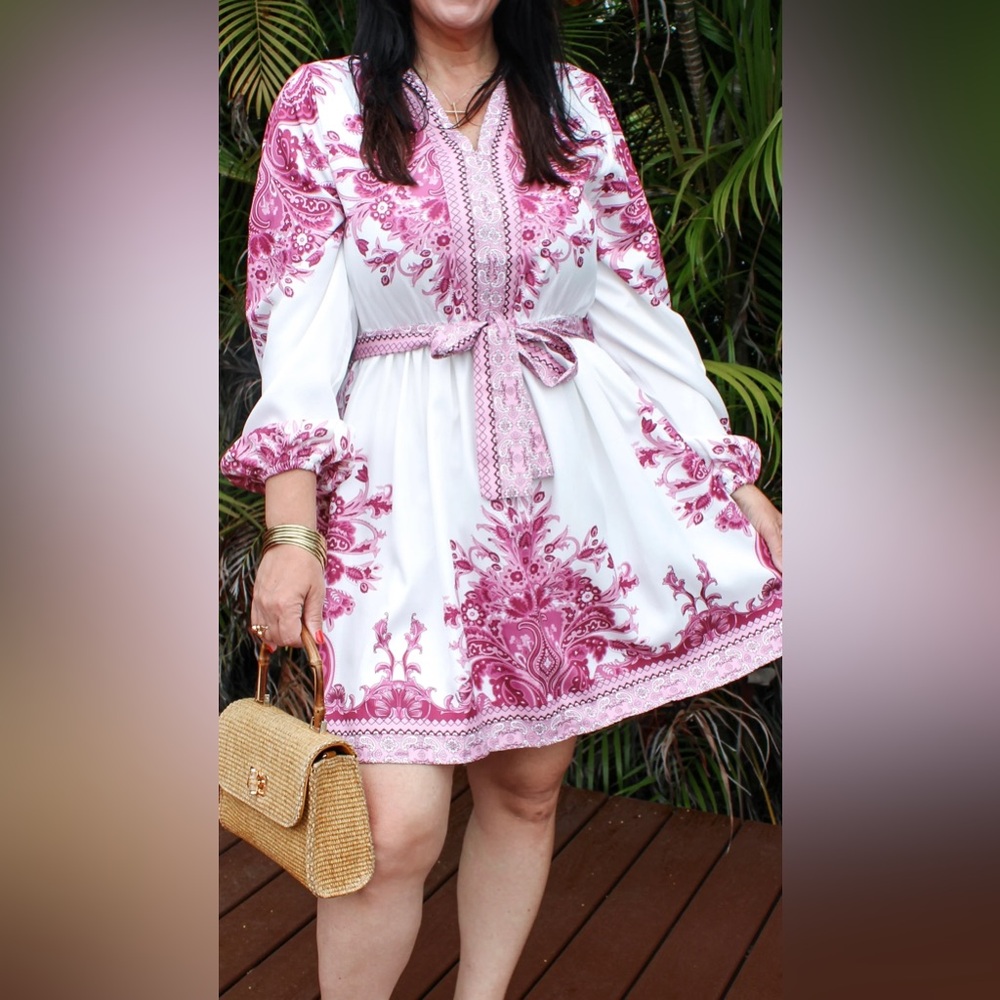 Paisley Long Sleeve Belted Dress